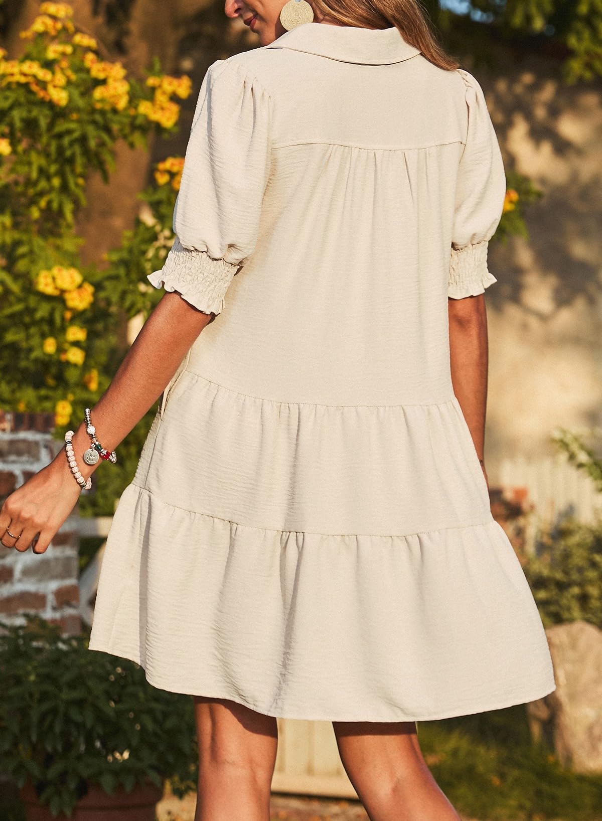 ✨Smocked Sleeve Tiered V-Neck Mini Dress