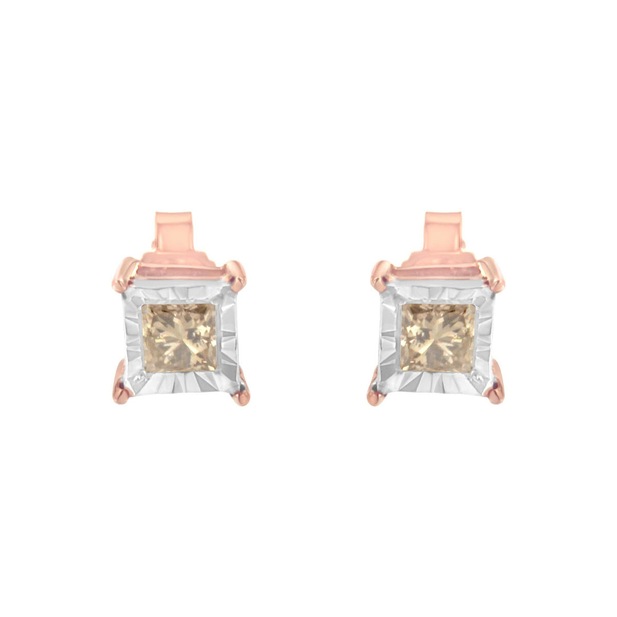 14K Rose Gold Plated Two-Tone .925 Sterling Silver 1/2 Cttw Princess-Cut Square Diamond Solitaire Miracle-Plate Stud Earrings (K-L Color, I2-I3 Clarity)