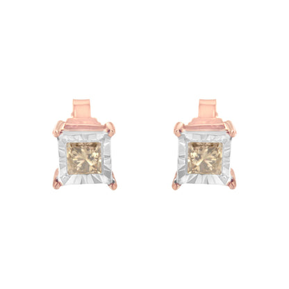 14K Rose Gold Plated Two-Tone .925 Sterling Silver 1/2 Cttw Princess-Cut Square Diamond Solitaire Miracle-Plate Stud Earrings (K-L Color, I2-I3 Clarity)