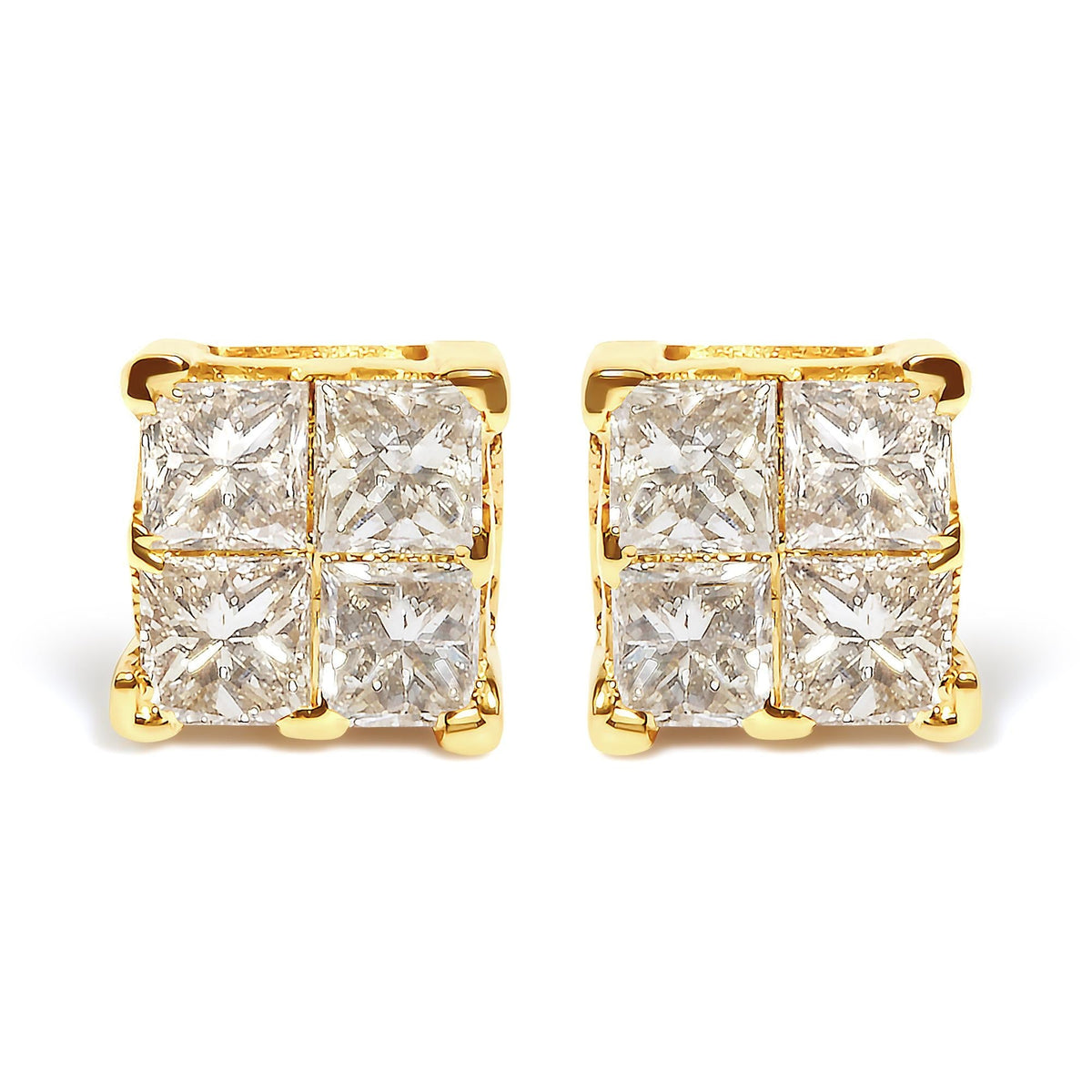 10K Yellow Gold 3/4 Cttw Invisible Set Princess-Cut Diamond Composite Square Stud Earrings (I-J Color, I2-I3 Clarity)