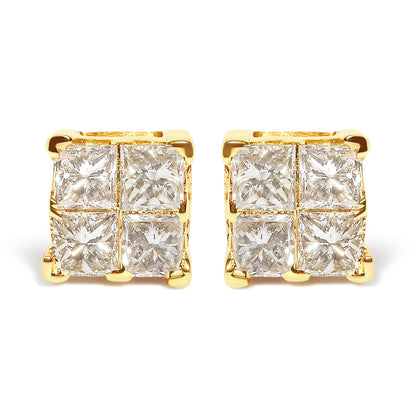 10K Yellow Gold 3/4 Cttw Invisible Set Princess-Cut Diamond Composite Square Stud Earrings (I-J Color, I2-I3 Clarity)