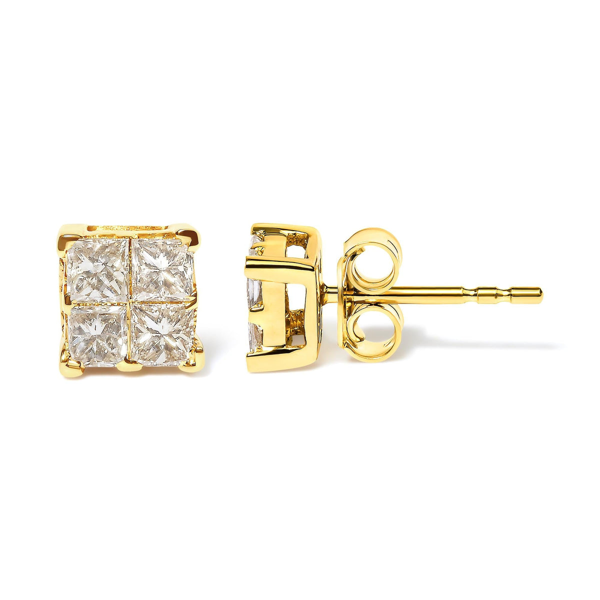 10K Yellow Gold 3/4 Cttw Invisible Set Princess-Cut Diamond Composite Square Stud Earrings (I-J Color, I2-I3 Clarity)