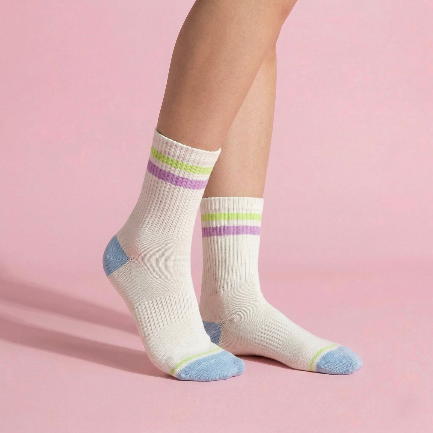 Anna-Kaci Women's 2-Pair Set Crew Athletic Socks with Striped Cuffs and Full Sole Grip for Yoga Fitness