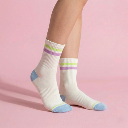 Anna-Kaci Women's 2-Pair Set Crew Athletic Socks with Striped Cuffs and Full Sole Grip for Yoga Fitness