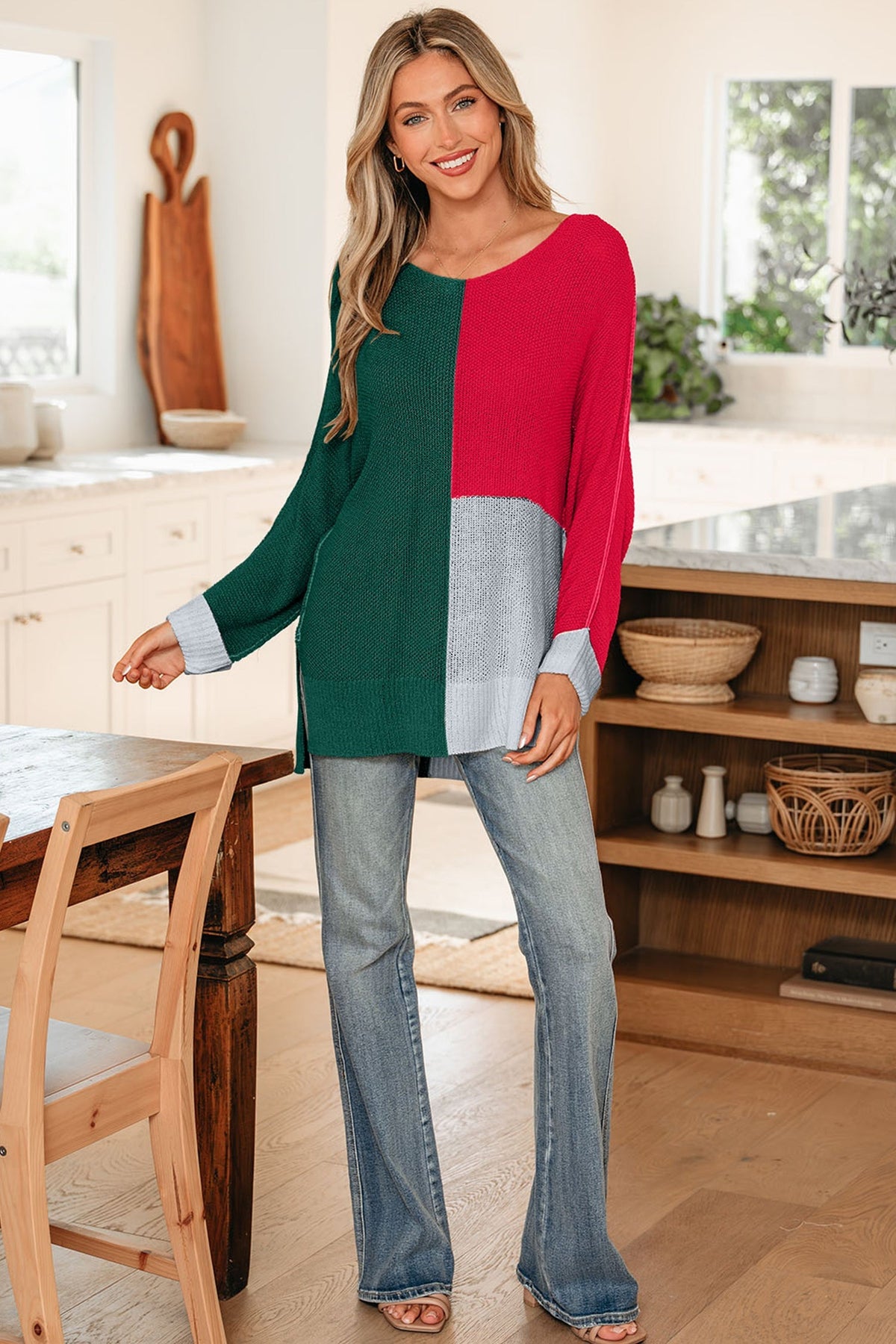 Threaded Pear Demi Block Knit Loose Sweater