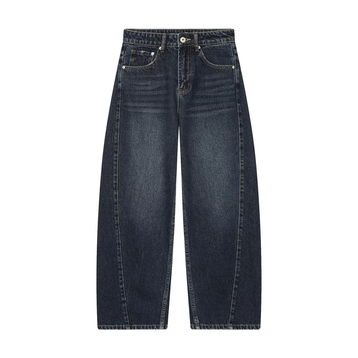 Mid waist loose fitting bucket shaped jeans