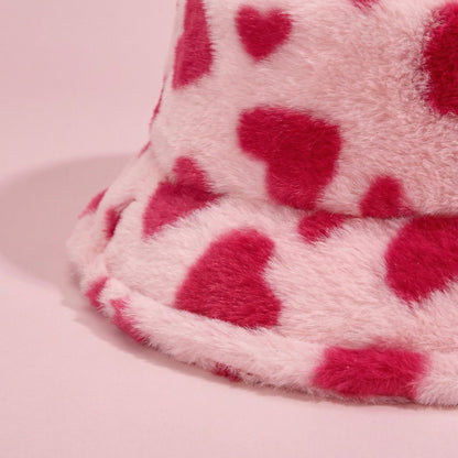 Anna-Kaci Valentine Plush Heart Pattern Bucket Hat Soft Texture Cozy Winter Style