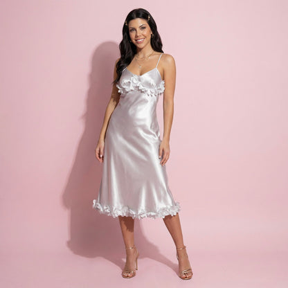 Anna-Kaci Lounge Women's Satin Midi Slip Dress with 3D Floral Trim Bodice and Ruffled Hem Detail for a Soft Sculpted Silhouette