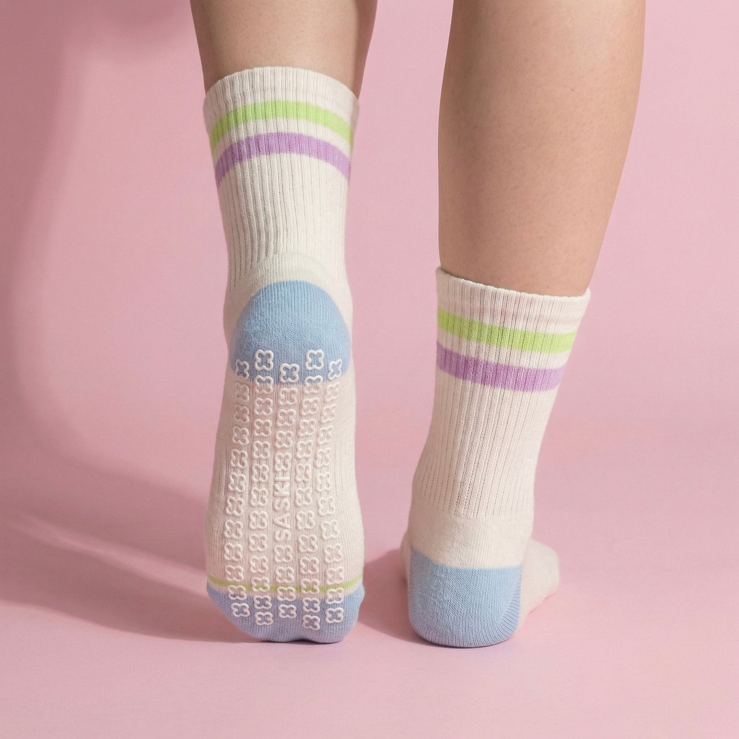 Anna-Kaci Women's 2-Pair Set Crew Athletic Socks with Striped Cuffs and Full Sole Grip for Yoga Fitness