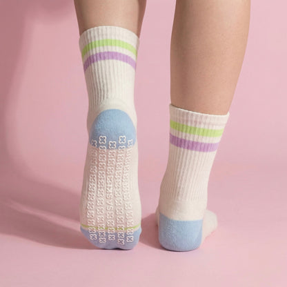 Anna-Kaci Women's 2-Pair Set Crew Athletic Socks with Striped Cuffs and Full Sole Grip for Yoga Fitness