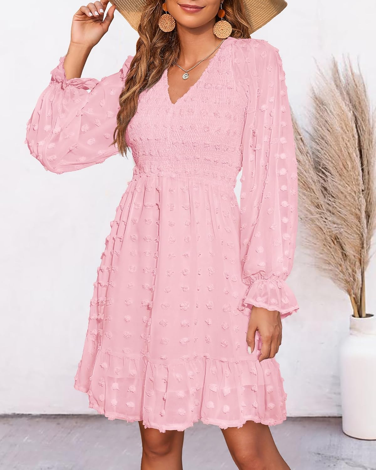 ✨Women's V Neck Casual Smocked Swiss Dot Swing Ruffle Mini Dress