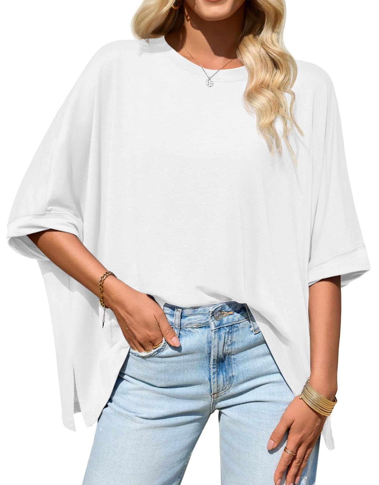 Womens Oversized Tshirts Batwing Short Sleeve Asymmetric Hem Tops