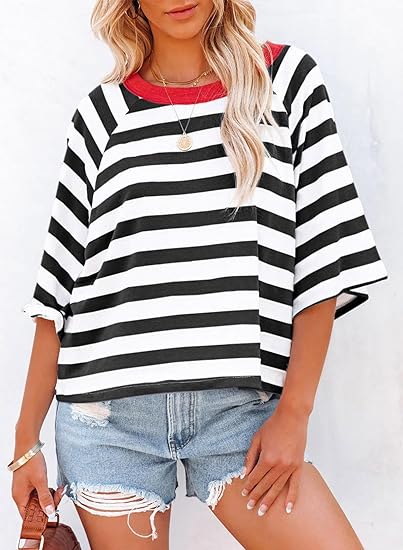 ✨Women's Cute Round Neck Striped Short Sleeve Casual Top
