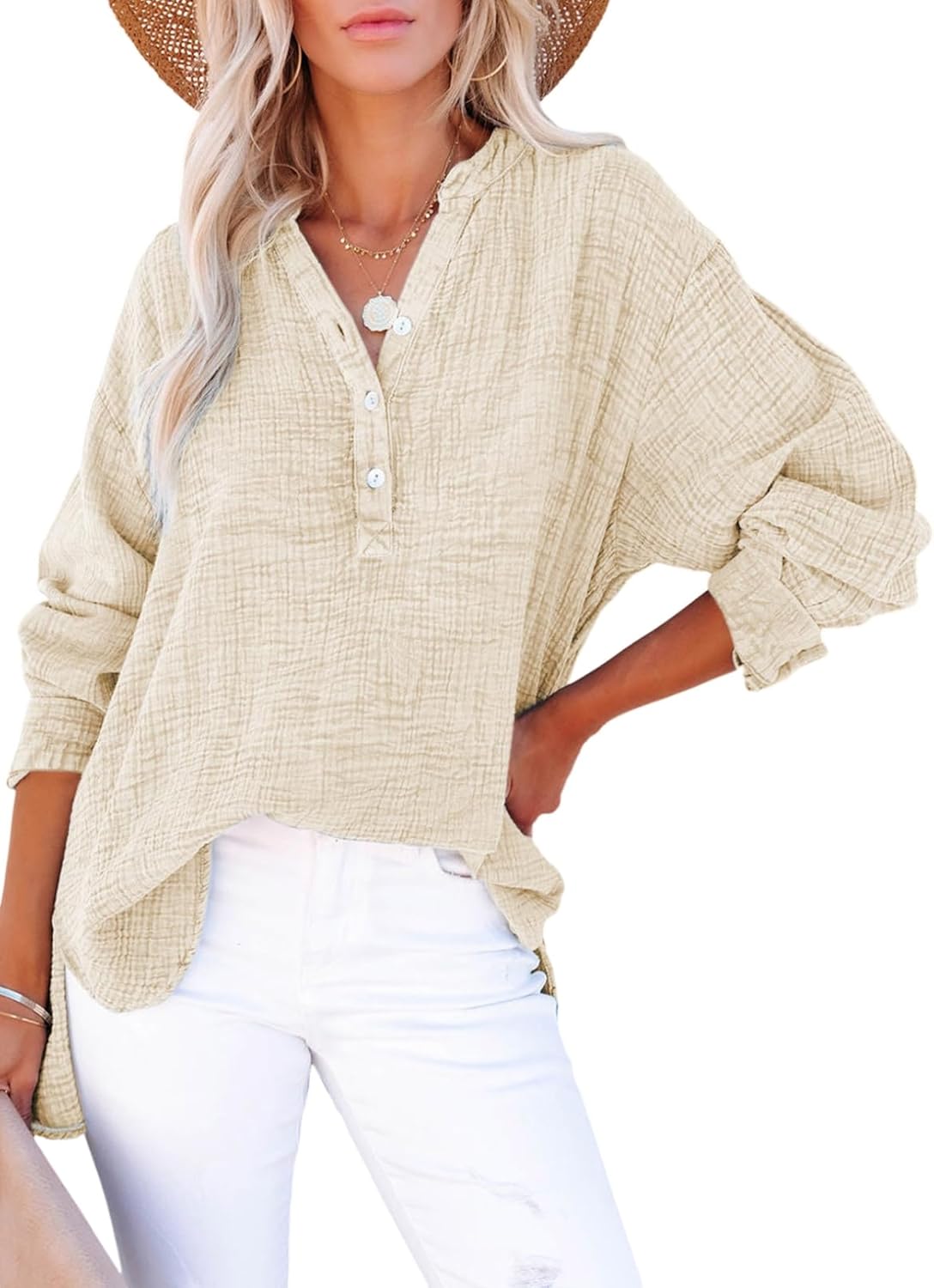 ✨Womens Casual Gauze Button Neck Long Sleeve Oversized BlousesTops