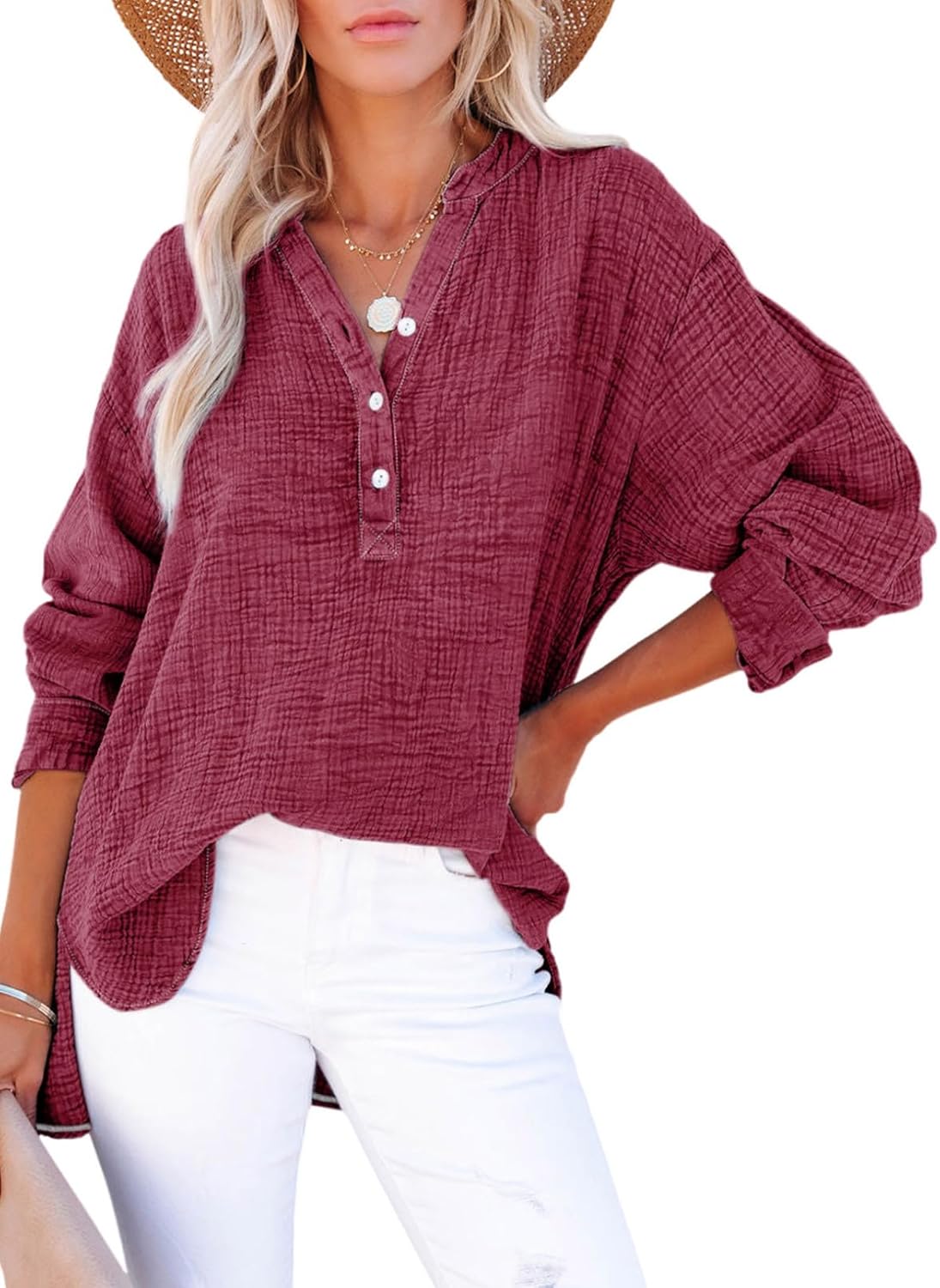 ✨Womens Casual Gauze Button Neck Long Sleeve Oversized BlousesTops
