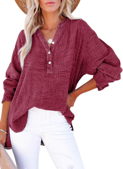 ✨Womens Casual Gauze Button Neck Long Sleeve Oversized BlousesTops