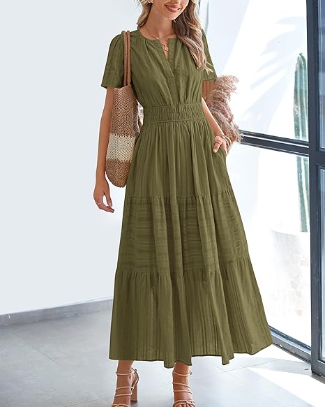 Women's Lightweight Short Sleeve V Neck Elastic Waist Dresses