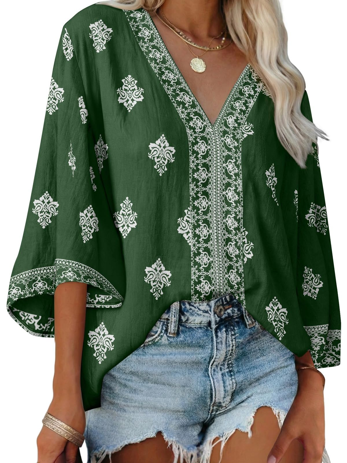 Women's Boho Embroidered V-Neck 3/4 Sleeve Blouse