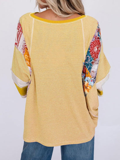 ✨Women's Casual Striped Floral Print Patchwork Oversized 3/4 Sleeve Top