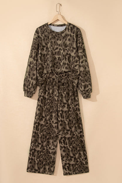 Threaded Pear Catherine Leopard Pullover Drawstring Loose Pant Set