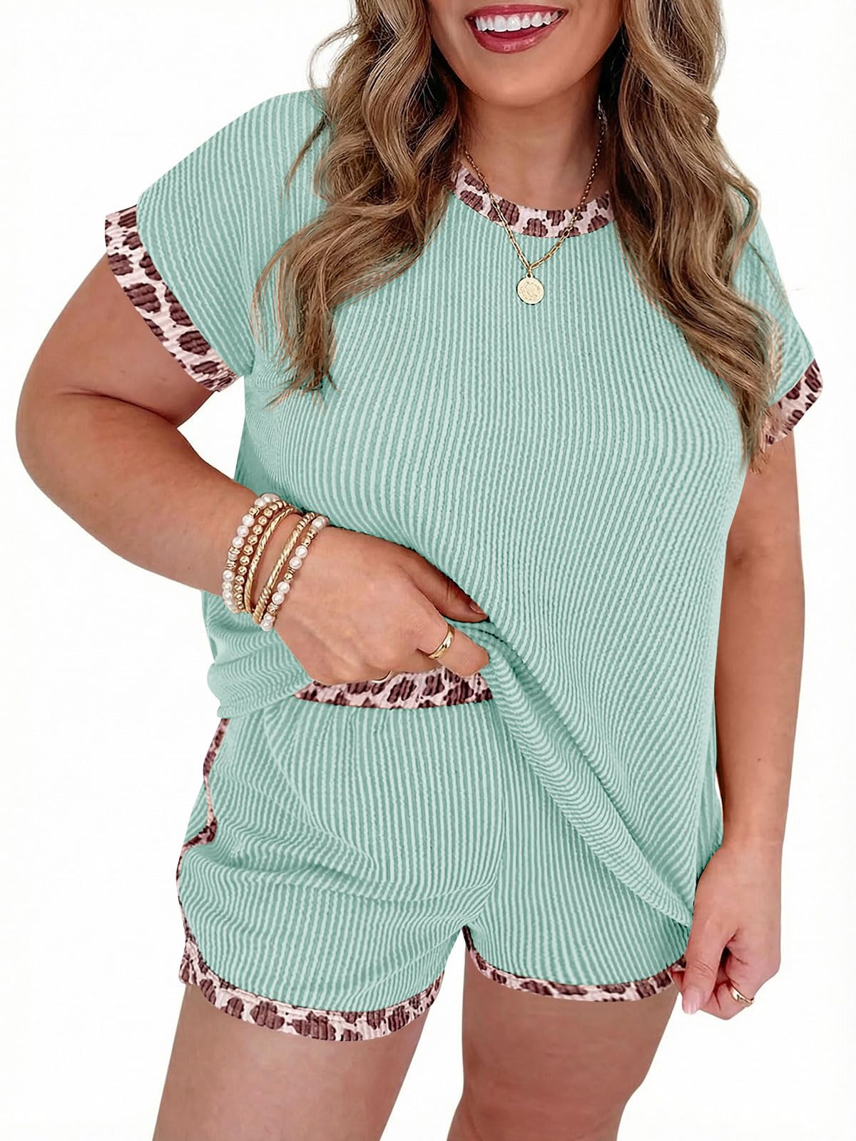 Womens Ribbed Knit Lounge Set with Leopard Print