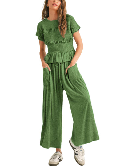Women's Pleated Top Wide Leg Pants Set with Pockets