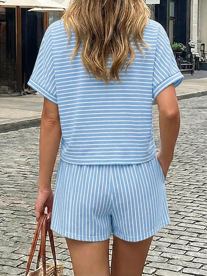 Womens Striped 2 Piece Short Sets Summer Short Sleeve Collared