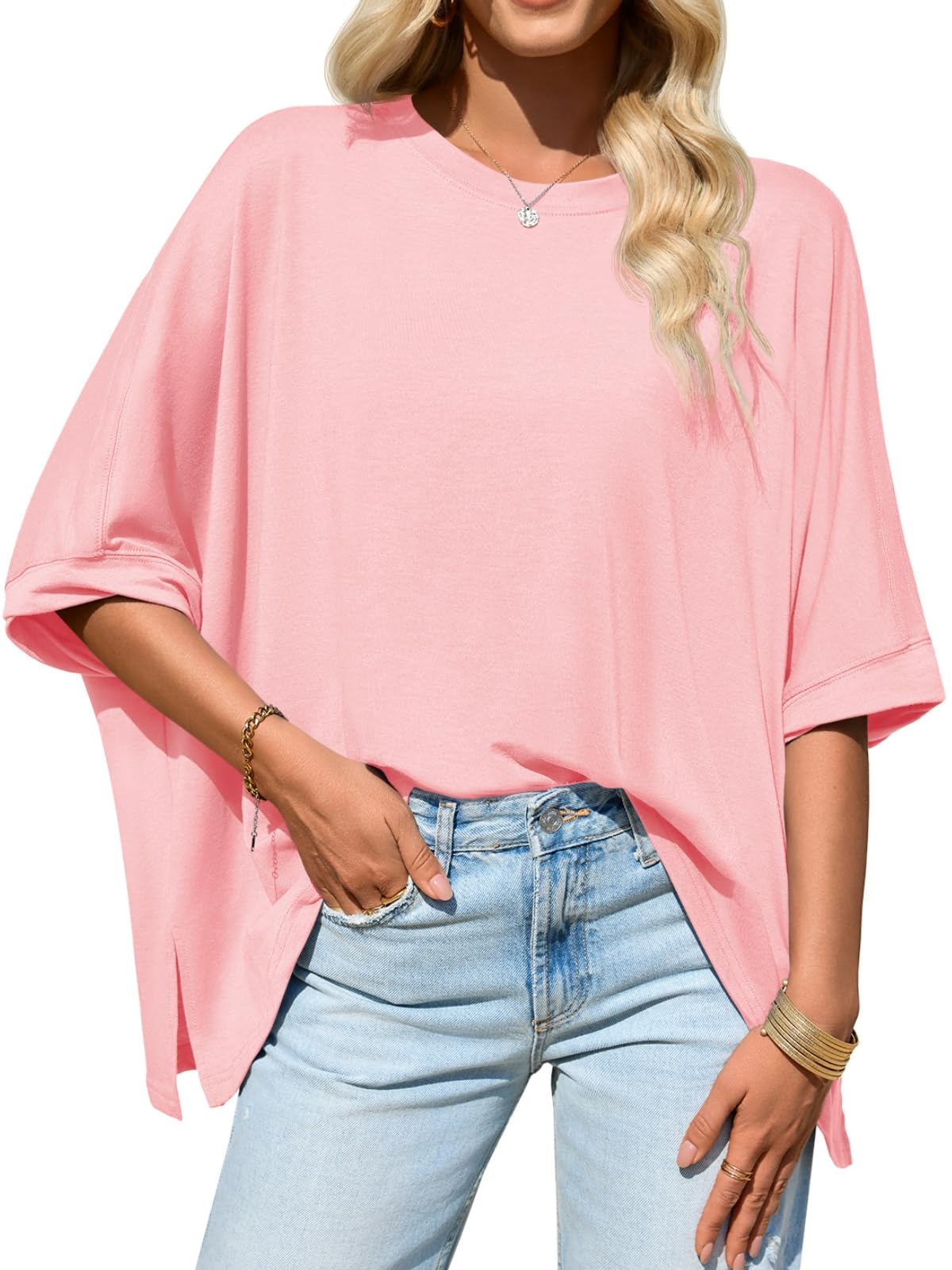 Womens Oversized Tshirts Batwing Short Sleeve Asymmetric Hem Tops