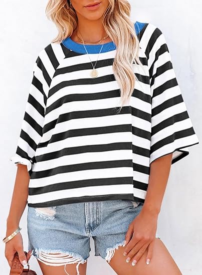 ✨Women's Cute Round Neck Striped Short Sleeve Casual Top