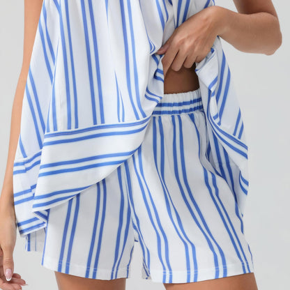 ✨Women 2 Piece Camisole Babydoll Top Tank Striped Boxer Shorts Matching Pjs Outfit Lounge Sets