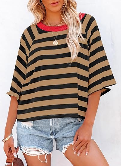 ✨Women's Cute Round Neck Striped Short Sleeve Casual Top