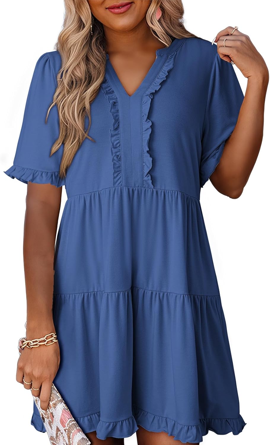 ✨Womens Dresses  V Neck Short Sleeve Casual A Line Flowy Swing Shift Dress