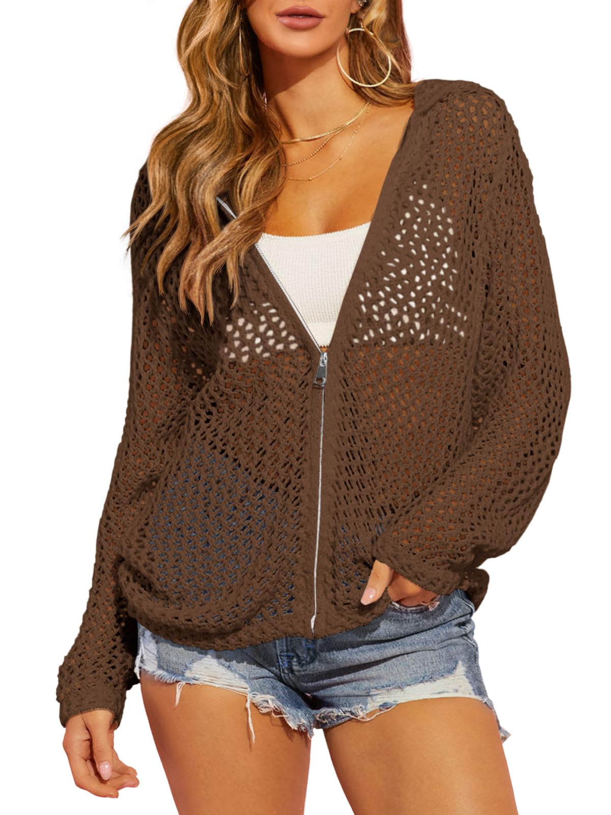 Womens Crochet Lightweight Cardigans Zip Up Hooded Cover Up