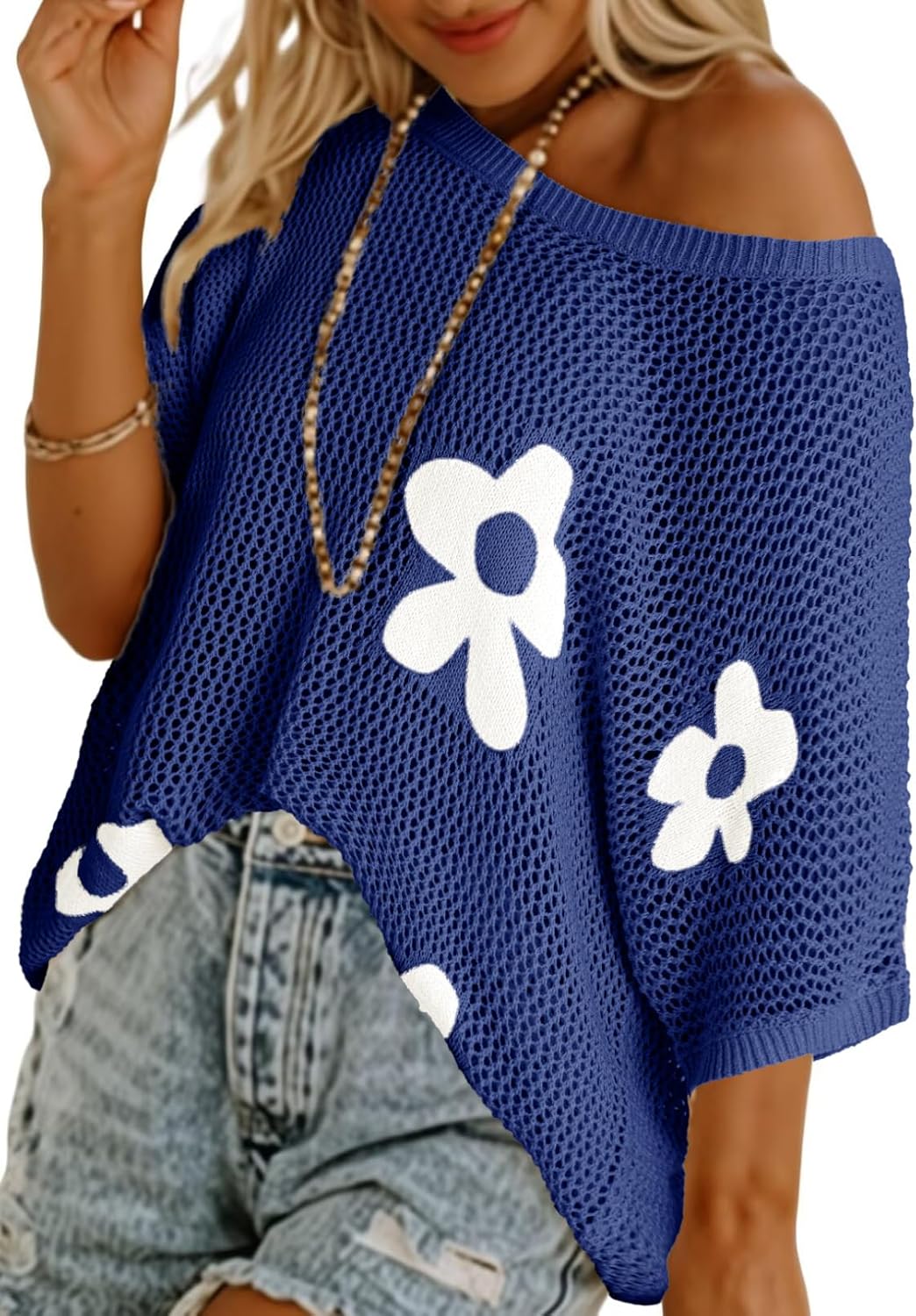 ✨Womens Floral Cute Tops Short Sleeve Crochet Cover Ups Lightweight Pullover
