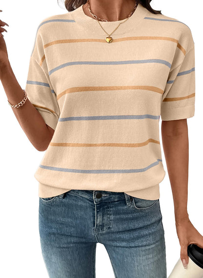 Womens Tops Crewneck Short Sleeve Sweater Pullover Knit Striped Shirt Spring Outfits for Women 2026