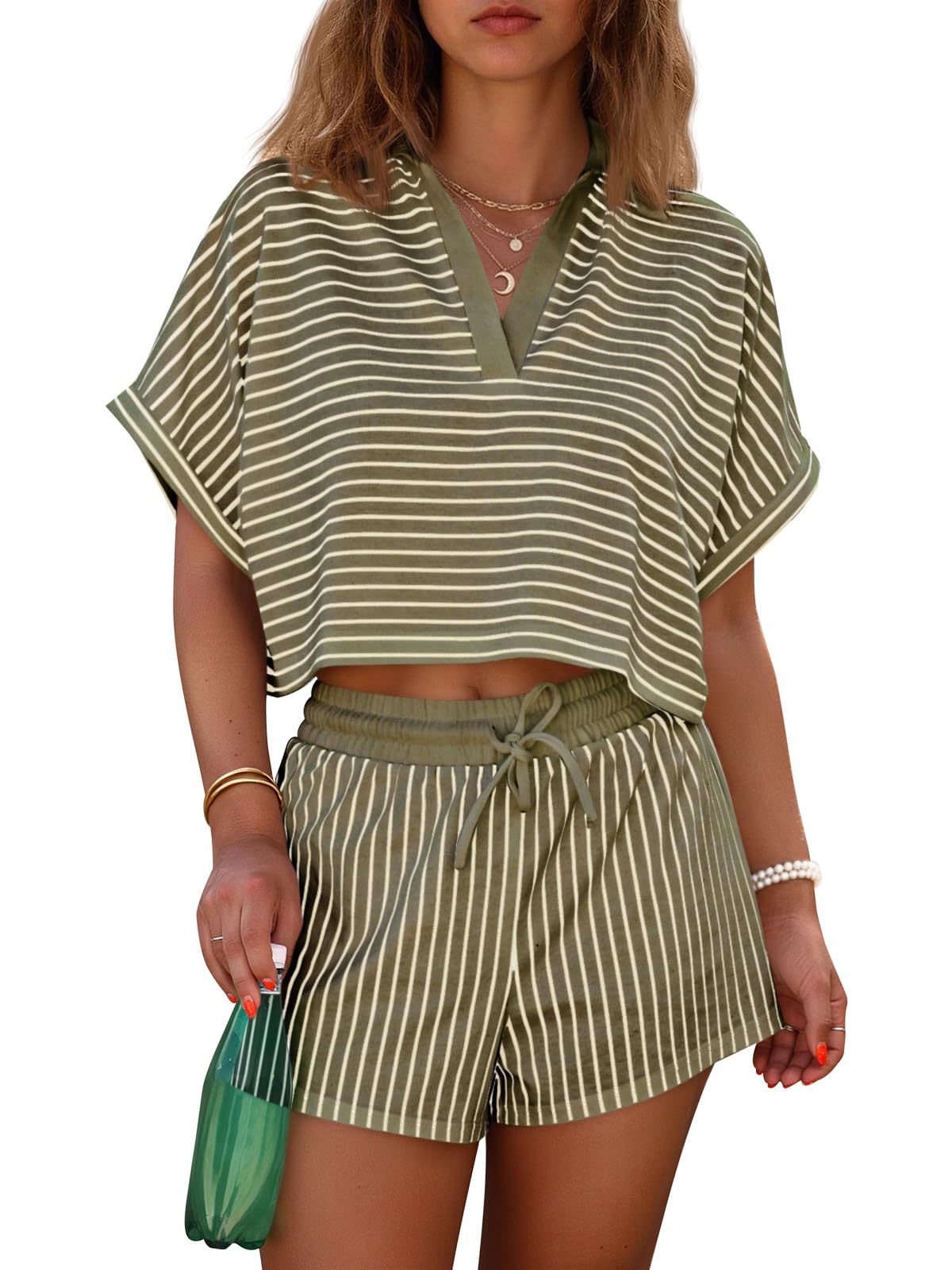 Womens Striped 2 Piece Short Sets Summer Short Sleeve Collared