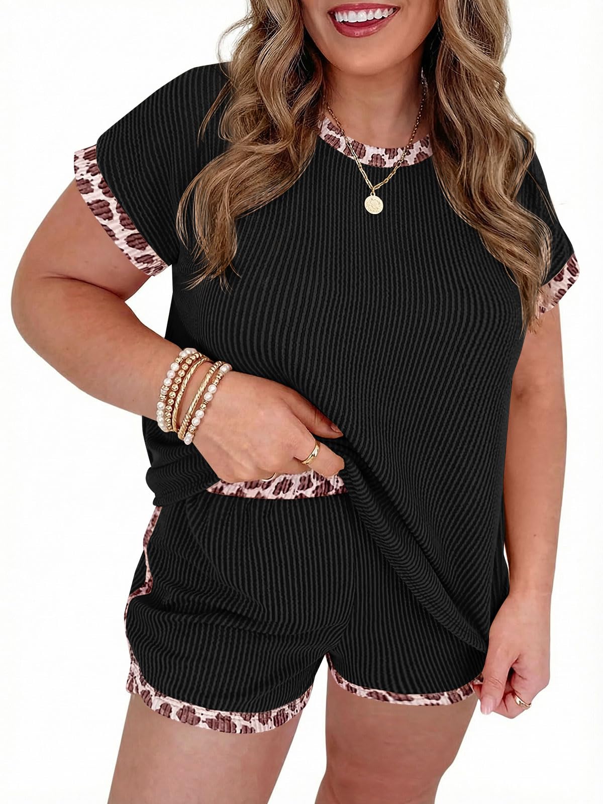 Womens Ribbed Knit Lounge Set with Leopard Print