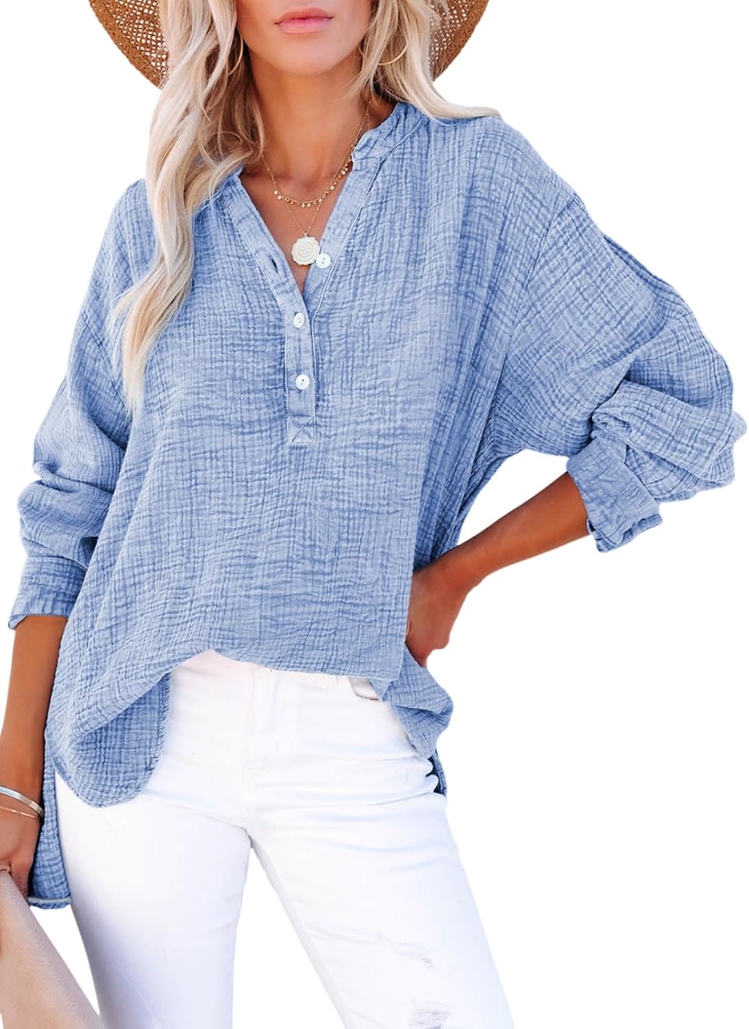 ✨Womens Casual Gauze Button Neck Long Sleeve Oversized BlousesTops