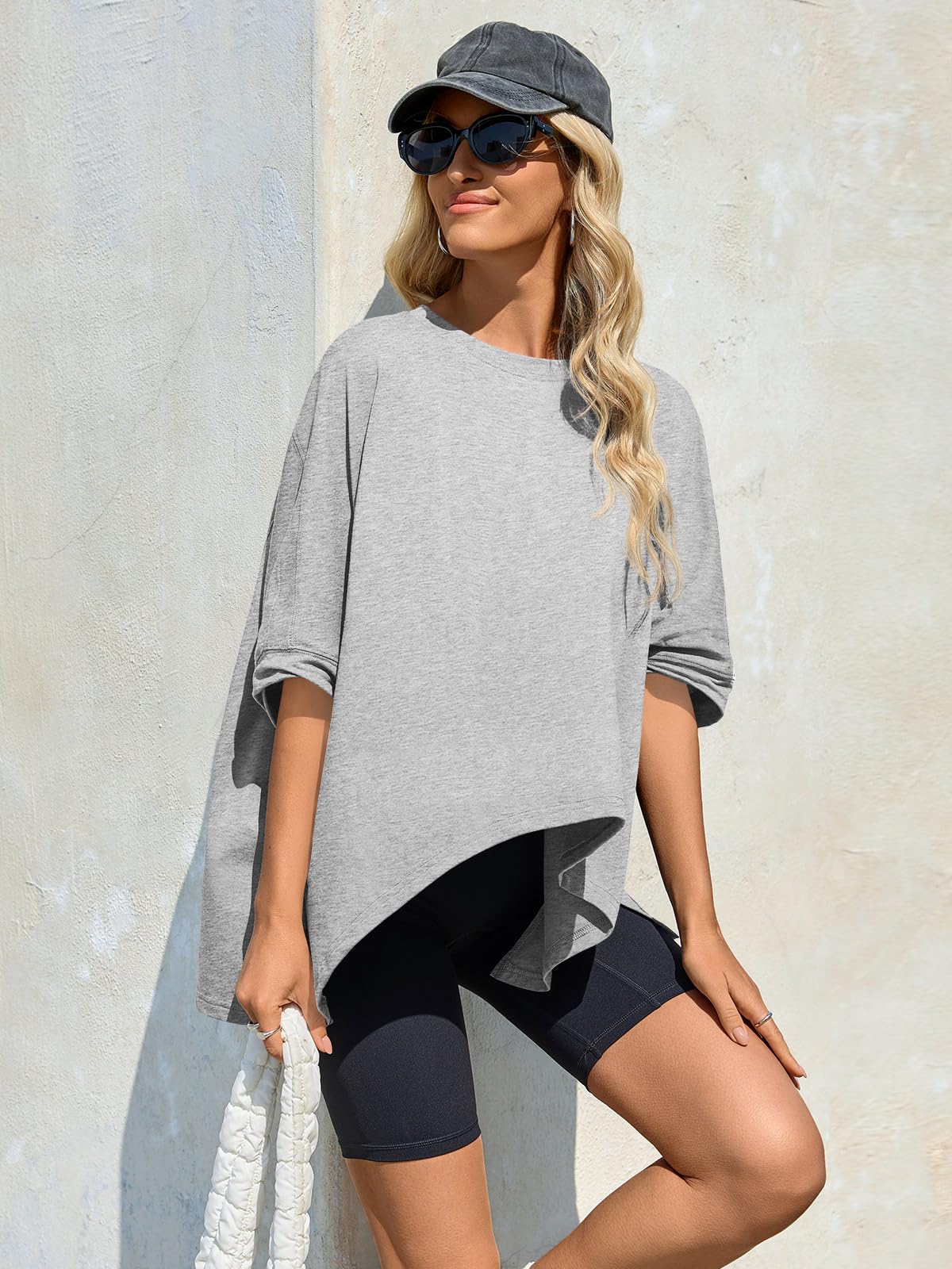 Womens Oversized Tshirts Batwing Short Sleeve Asymmetric Hem Tops