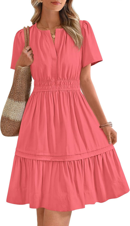 ✨Women's Casual V Neck  Sundress Smocked Waist A Line Tiered Mini Dress