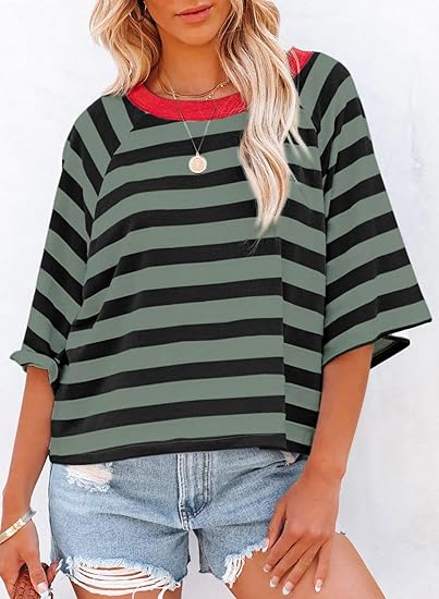 ✨Women's Cute Round Neck Striped Short Sleeve Casual Top