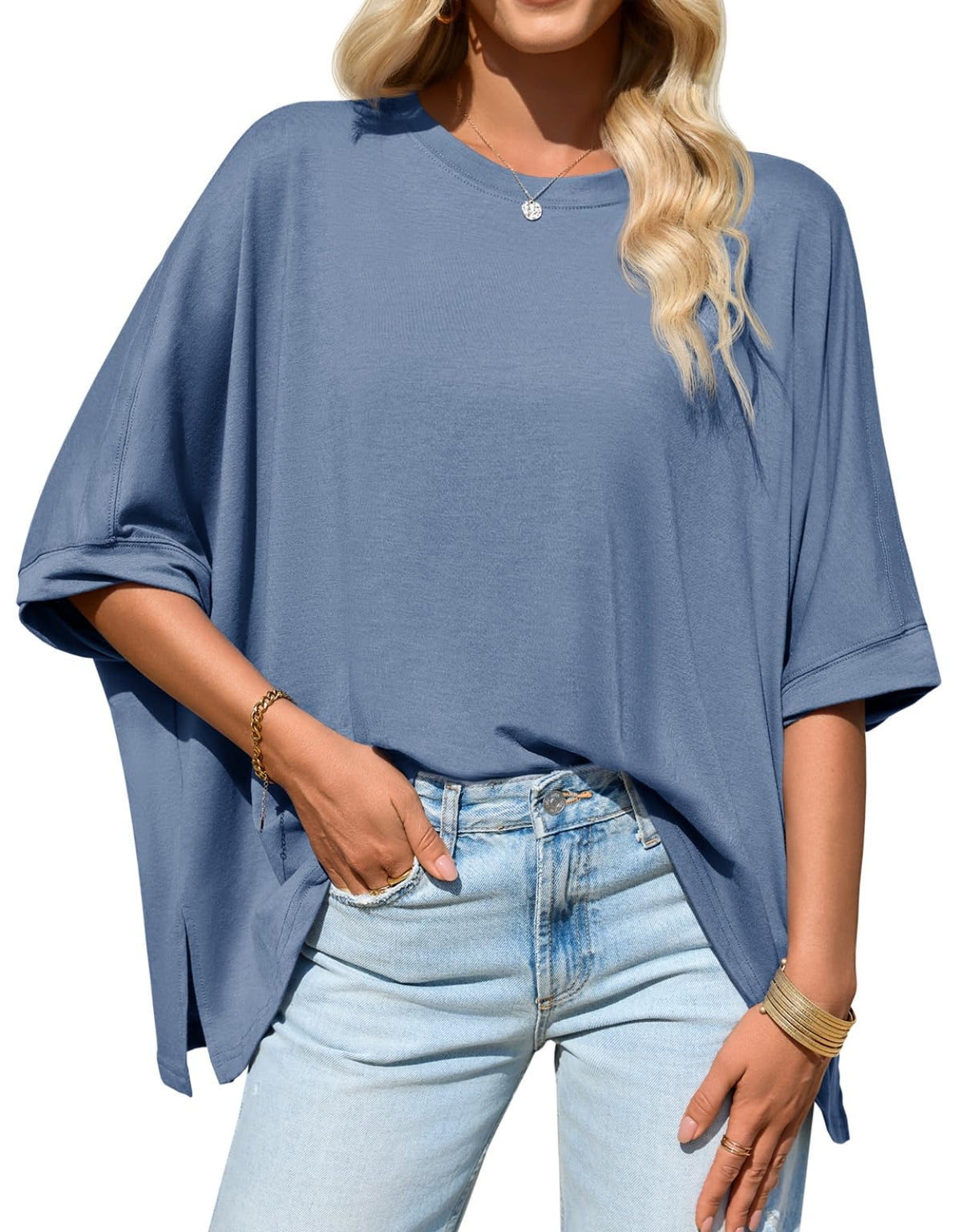 Womens Oversized Tshirts Batwing Short Sleeve Asymmetric Hem Tops