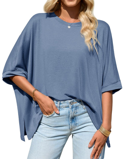 Womens Oversized Tshirts Batwing Short Sleeve Asymmetric Hem Tops