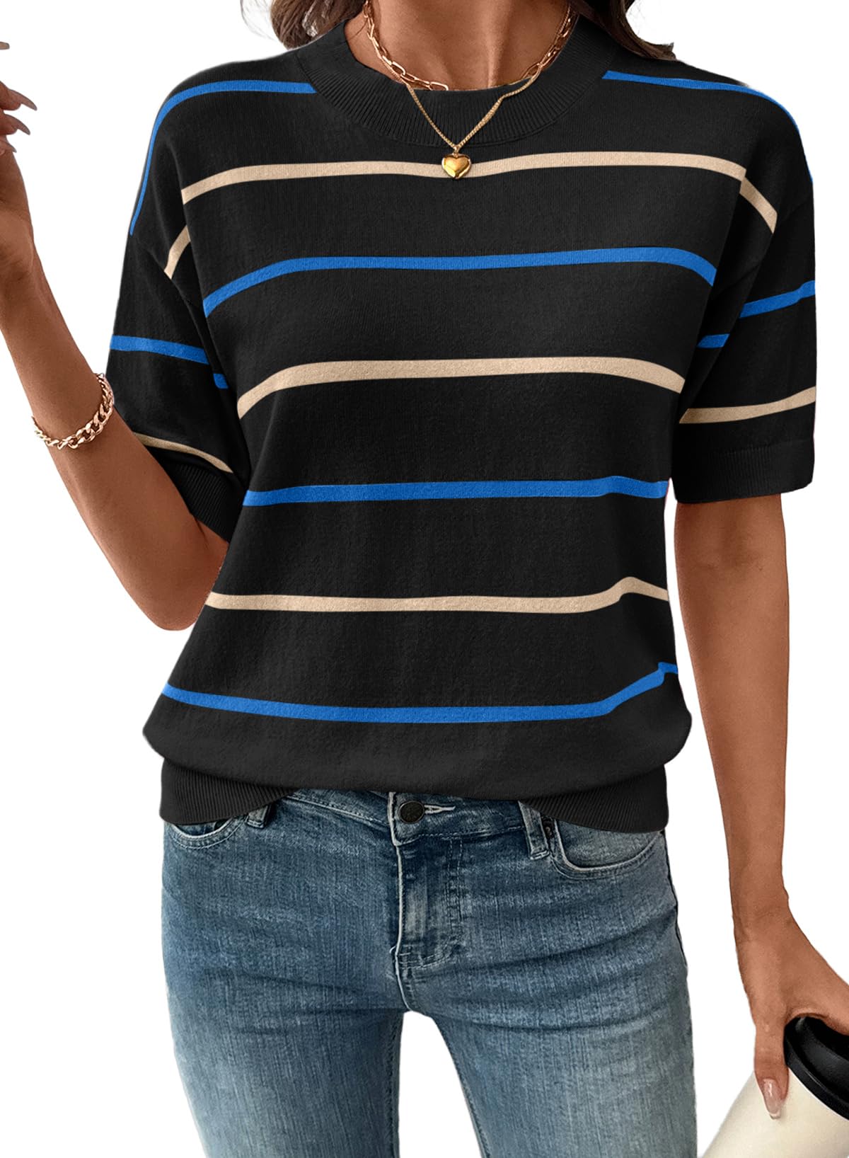 Womens Tops Crewneck Short Sleeve Sweater Pullover Knit Striped Shirt Spring Outfits for Women 2026