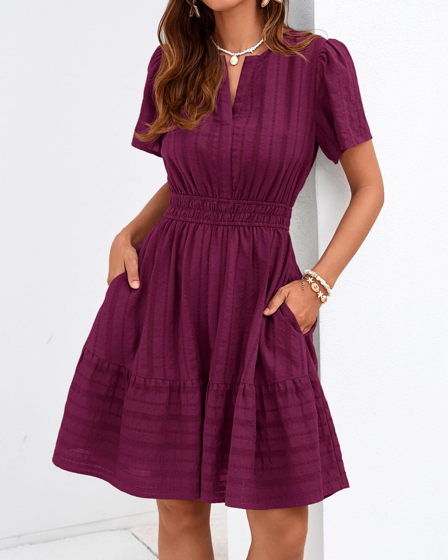 Women's V-Neck Elastic Waist Tiered Mini Dress