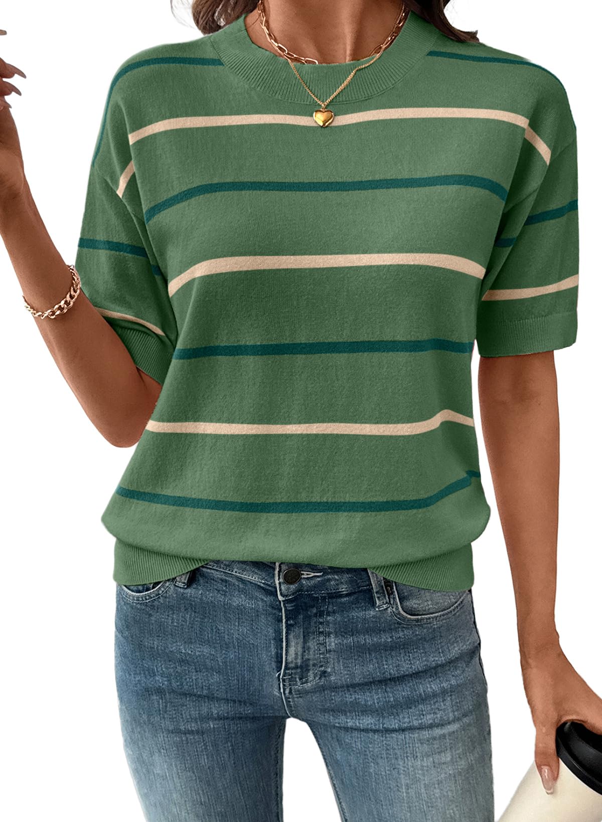Womens Tops Crewneck Short Sleeve Sweater Pullover Knit Striped Shirt Spring Outfits for Women 2026