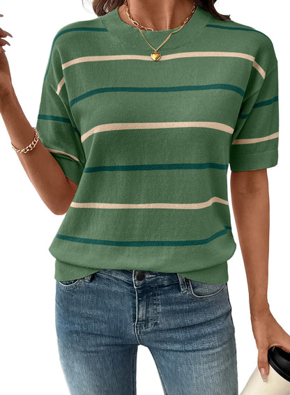 Womens Tops Crewneck Short Sleeve Sweater Pullover Knit Striped Shirt Spring Outfits for Women 2026