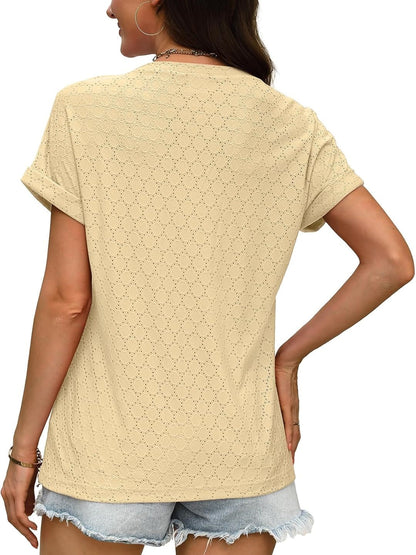 ✨Women's V Neck Eyelet Dressy Casual Basic Short Sleeve Tees