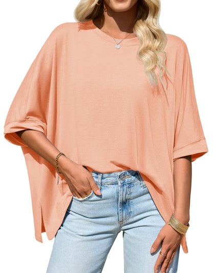 Womens Oversized Tshirts Batwing Short Sleeve Asymmetric Hem Tops