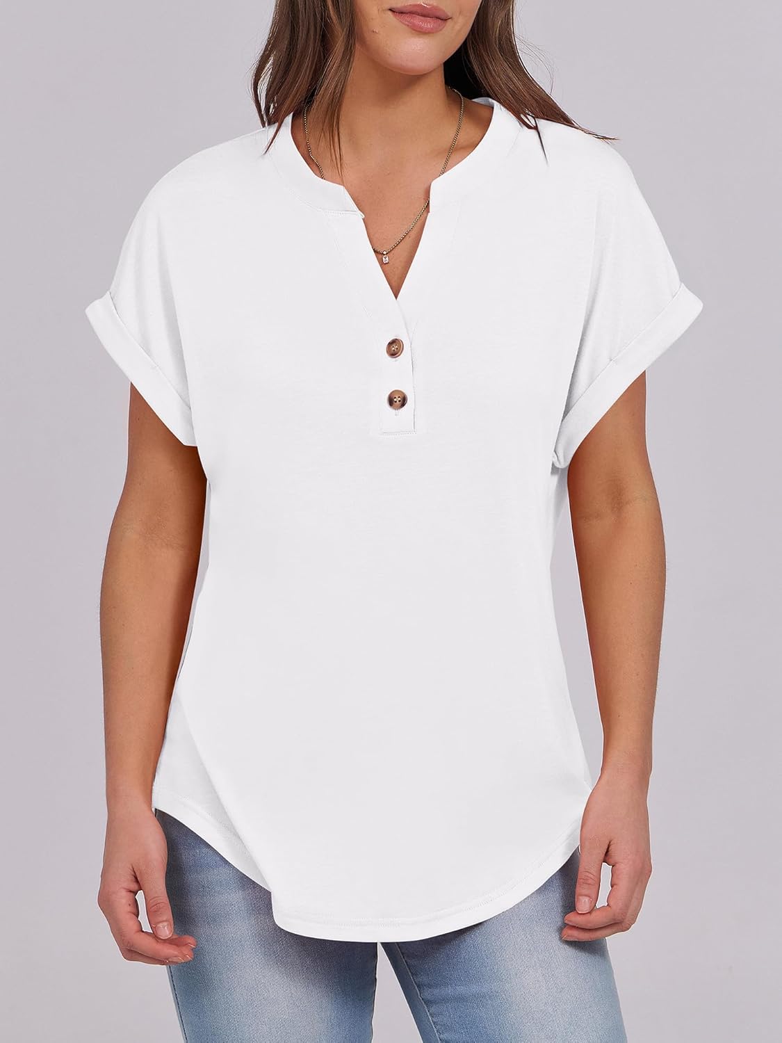 ✨Women's V Neck Button Casual Loose Fit Short Sleeve Henley Tops